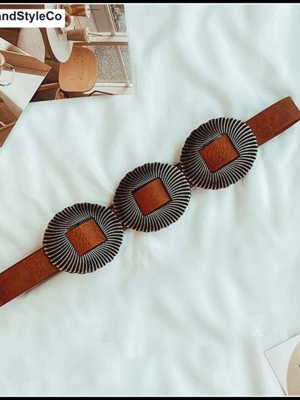 Faux Leather Boho Western Belt with Concho Buckle Adjustable Waist 43in - Picture 2 of 3